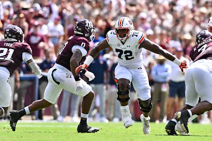 Sep 23, 2023; College Station, Texas, USA; Auburn Tigers offensive lineman Izavion Miller (72) in action during the first half against the Texas A&M Aggies at Kyle Field. Mandatory Credit: Maria Lysaker-USA TODAY Sports